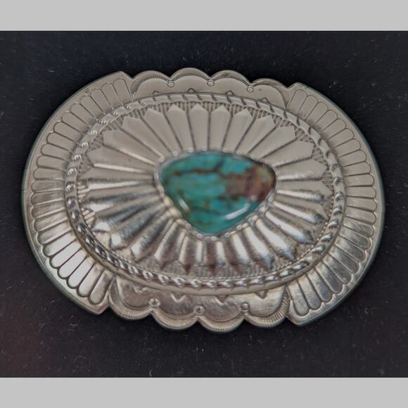 Belt buckle Sterling Silver Royston Turquoise Nev Oval,cast,oxidized,bezel set - Picture 3 of 10